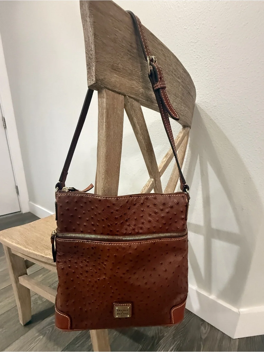 Dooney & Bourke Ostrich Embossed Leather Crossbody Bag Cognac Brown
